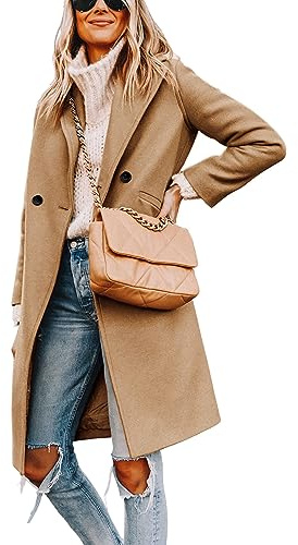 Hooever Women's Winter Wool Coat Casual Notch Lapel Single-Breasted Peacoat(Khaki-XL01)
