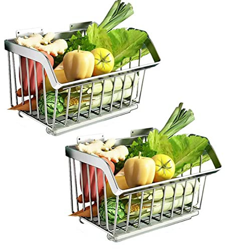 Obst- Und Gemüseregal Aus Rostfreiem Stahl 304, Wandhalterung Zur Aufbewahrung Von Gemüse In Der Küche, 2-stöckiger Obstkorb, Arbeitsplatte/Wandmontage, Schwarz Metall Wandkorb, Silber, Schwarz Obst-