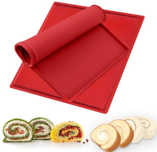 Silikon Backmatte, 2 Stück Antihaftbeschichtet Backblech Rollmatte Groß Roll Kuchen Matte Rutschfest Swiss Roll Backblech Biskuitrolle Backform für Kochen, Backen, Keksen (Rot)