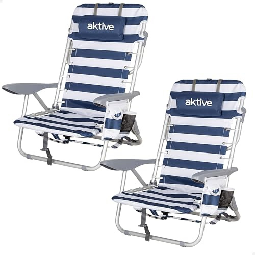 AKTIVE Förpackning med 2 hopfällbara stolar i flera lägen för strand, trädgård, terrass eller camping, marinera, 4 positioner, 50 x 45 x 76 cm, inklusive ficka, rullstopp, stöder 110 kg, bärhandtag