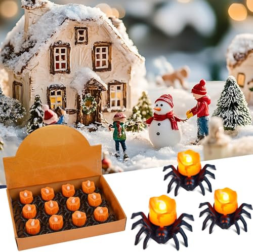FTJKGH - Velas de Halloween con forma de calabaza (12 unidades), diseño de araña, velas de tealight LED sin llama, velas decorativas con pilas para decoración de fiesta de Halloween espeluznante,