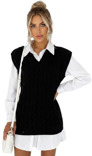 HUBIBUBI Womens Ladies Cable Knit Sleeveless V-Neck Knitted Jumper Tank Top Winter Sweater Sizes 8-26 (UK, Numeric, 12, 14, Regular, Regular, Black)