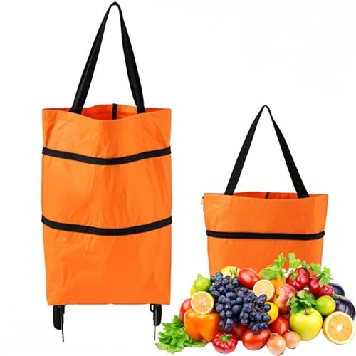 Faltbarer Einkaufstrolley auf Rädern, 25 kg, strapazierfähig, wasserdicht, Oxford-Gewebe, zusammenklappbare Tasche mit leisen Rädern, umwandelbare Handtrage (Orange)
