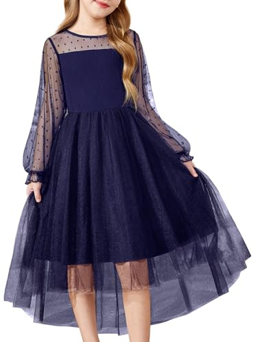 Arshiner Robe pour Fille Festive à Manches Longues Tullerobe Et Maille Fête Asymétrique pour Enfant Robes De Demoiselle d'honneur Communionrobe 6-16 Ans