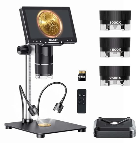 TOMLOV TriL107 Microscopio Digitale a 3 Lenti 7 2K IPS, 2500X Ingrandimento per Monete e 14 LED, Microscopio di Saldatura con Supporto da 12,6 per Adulti, Compatibile con PC/TV, 64GB