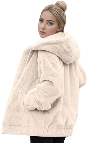 unilarinna Kuscheljacke Damen Mit Kapuze Warm Fleecejacke Lang Elegant Flauschig Teddyjacke Bequem Dünne Übergangsjacke Reißverschluss Einfarbig Weich Plüschjacke Winter Fleecemantel Teddy Jacke