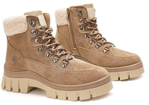 GLAMORA Stivaletti donna inverno con fodera termica, suola antiscivolo, piattaforma leggera, stile trekking urbano, comodi per camminare, neve leggera, escursionismo e uso quotidiano, Kaki, 36 EU