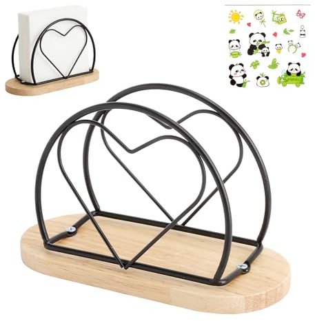 XRVRILE Portatovaglioli a forma di cuore con base in legno, distributore di tovaglioli con adesivo decorativo Panda Bamboo, 15,5x6,6x9,9 cm portatovaglioli da tavola per cucina bar ristorante (nero)