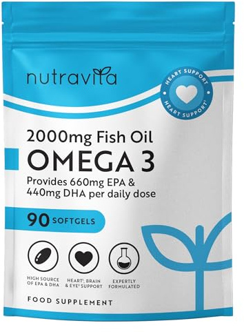 Nutravita 2000mg High Strength Omega 3 Capsules - Which? Best Buy | 90 Softgels - 45 Days - 660mg EPA & 440mg DHA - Omega 3 Fish Oil Capsules - Heart, Brain & Vision - Fish Oil Supplements