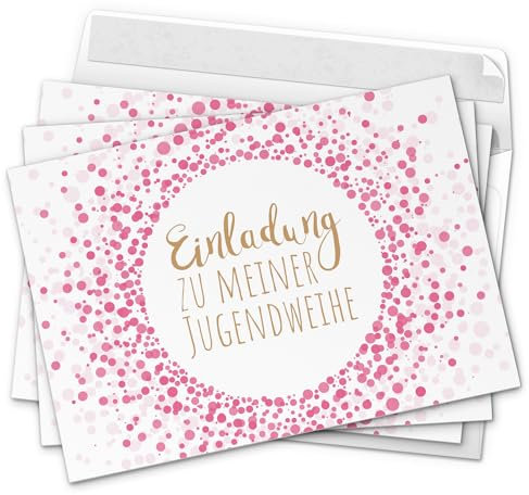 10 x Einladungskarten zur Jugendweihe mit Umschlag/Für Mädchen rosa Konfetti Punkte/Jugendweihekarten/Einladungen zur Feier