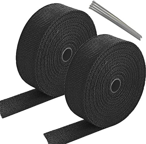 Mengger Hitzeschutzband Auspuffband 2 Stück 10m hitzeschild hitzeschutz Auspuff Band Auto Motorrad Schwarz Basaltfaser mit 4pcs Kabelbinder für Fächerkrümmer Thermoband Krümmerband