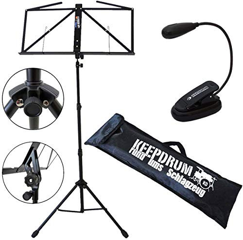 keepdrum MUS3 BK Notenpult Notenstaender Schwarz mit Tasche + Notenpult-Leuchte