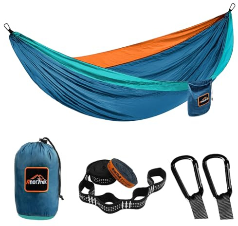 AnorTrek Hamaca de Camping, Hamaca Doble o Simple de Paracaídas con Dos Correas para Árboles, Hamaca Portátil y Ligera para Camping, Senderismo y Excursionismo