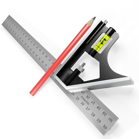 Simon & Co Escuadra Combinada de 300mm en Acero Inoxidable Profesional - Graduación Métrica - Incluye Lápiz de Carpintero. Escuadra de Carpintero Precisa con Tope y Herramienta de Marcado.