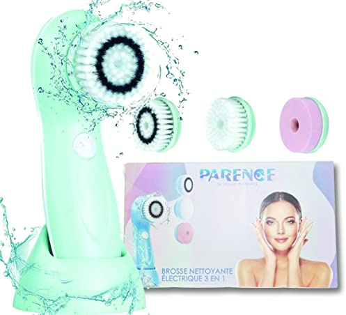 PARENCE - Brosse électrique de visage - Soin de la peau - 3 têtes - 2 vitesses - Exfoliant/Gommage - nettoyage - apaisant - massage & bien être - recharge usb et support de rangement