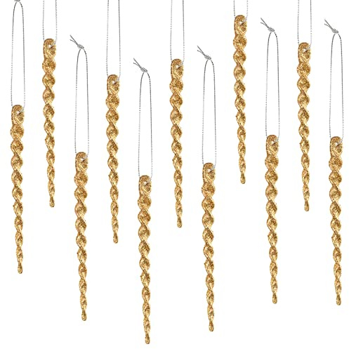 50 Gold Plastic Icicle Ornaments - Twisted Christmas Tree Hanging Decorations for Winter Holiday & Xmas Party (5.9 Inch)