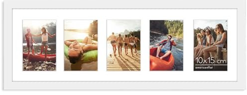 Americanflat 20x61 cm Bilderrahmen Collage Weiß - Zeigen Sie Fünf 10x15 cm Fotos an Ihrer Wand an - Bilderrahmen 5 Bilder für Bilder der Familie - Verbundholz mit Bruchsicherem Glas