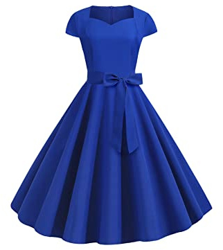 YMING Donna Abito Rockabilly in Linea Anni '50 Abito da Festa Swing Vintage con Maniche a Cappuccio Abiti da Cocktail Rockabilly Vintage a Tinta Unita Blu Royal M