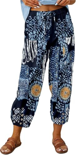 ASKSA Pantaloni Donna a 7/8 in Lino Gamba Larga Stampati Cotone Estivi Casual Elastico Larghi Spiaggia Jogging Coulisse Tasche (Blu Scuro,3XL)