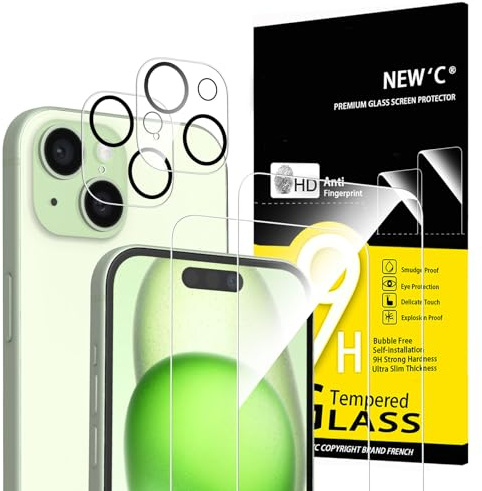NEW'C 4 Pezzi, 2 x Pellicola Vetro Temperato per iPhone 15 (6,1) e 2 x Pellicola Vetro Protettiva Fotocamera Posteriore per iPhone 15 (6,1)-Ultra Resistente - Vetro Durezza 9H