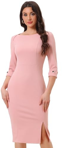 Allegra K Women's Boat Neck 3/4 Sleeves Work Business Sheath Dresses Pink