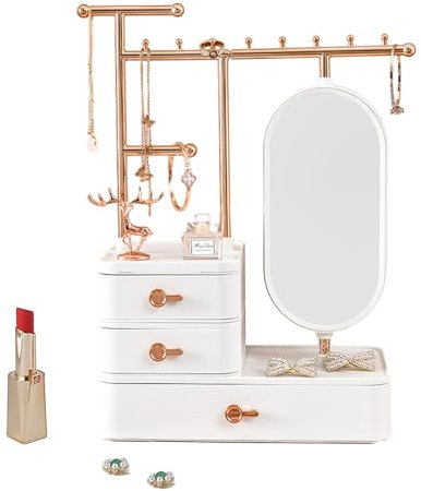Portagioie con cassetto, porta gioielli, supporto per catena, con specchio, organizer per gioielli, albero gioielli, supporto per orecchini, collane, orecchini, anelli, bracciali (bianco)