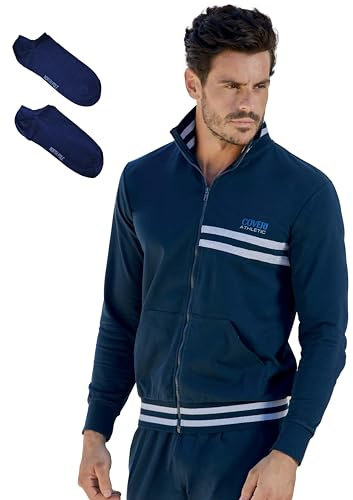 Enrico Coveri Athletic Tuta Completa Uomo Estiva + CALZINI OMAGGIO, Cotone Garzato leggero Sportiva Mezza Stagione Collo alto Zip M-XXL relax attività fisica (IT, Testo, M, Regular, Regular, BLU 140)