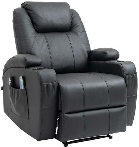 CLP Sillón Heples con Función De Masaje I Sillá con Respaldo & Reposapiés Abatibles En Polipiel, Cuero Real o Tela, Color:Negro, Material:Cuero Real