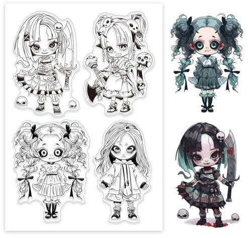 GLOBLELAND Punk Lady Clear Stamps Doll Skeleton Silicone Clear Stamp Seals Cartoon Lady Transparent Stamps for DIY Scrapbooking Cards Making Photo Album Journal