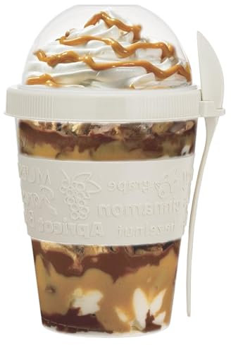Suprano Reusable Yogurt Cups with Lid & Spoon 100% BPA Free Breakfast On the Go Cups with Topping Cereal 600ml Over Night Oats Container Smoothie Snack Jars (White)