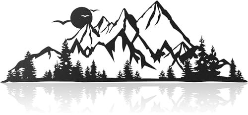 SEABABOO Metall Wanddekoration 40X13.5 CM Berg Wald Sonne Wandkunst Minimalistische Wandskulptur Für Wohnzimmer Zuhause Schlafzimmer Büro Heimdeko (Berge und Wälder)