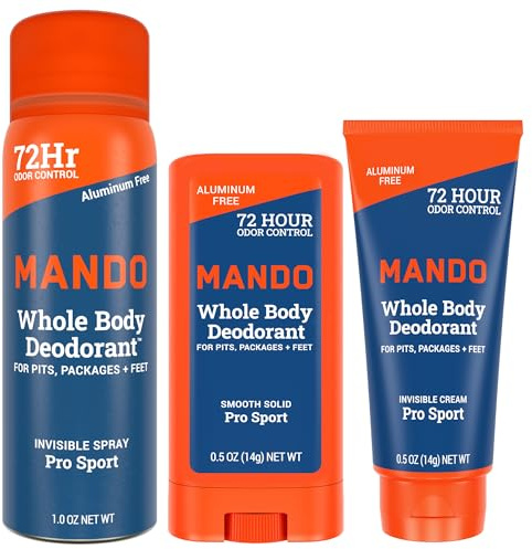 Mando Whole Body Deodorant Mini Trio – Solid Stick, Invisible Cream & Spray – 72HR Odor Control – Aluminum & Baking Soda Free, Skin Safe, Travel Size for Men – Pro Sport Scent