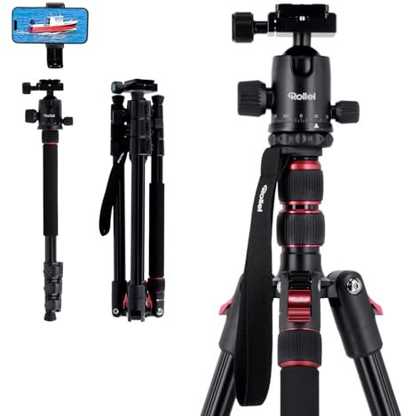 Rollei Compact Traveler No. 2 Stativ Schwarz, 180cm Stativ Kamera 360° Kugelkopf Kompaktes Aluminum Reisestativ mit Einbeinstativ Funktion Dreibeinstativ für DSLR Kamera Fotostativ mit Handyhalterung