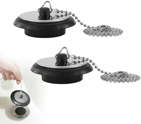 Lot de 2 bouchons de lavabo en caoutchouc, 40 mm, avec chaîne, pour cuisine, salle de bain, douche