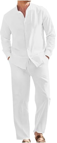 Conjunto Lino Hombre Ofertas,Algodón y Lino Conjunto Verano Hombre de Dos Piezas Camisas Manga Larga y Pantalones Largo Camisas Hawaianas de Playa con Botones Ligero y Transpirable Trajes de Ocio
