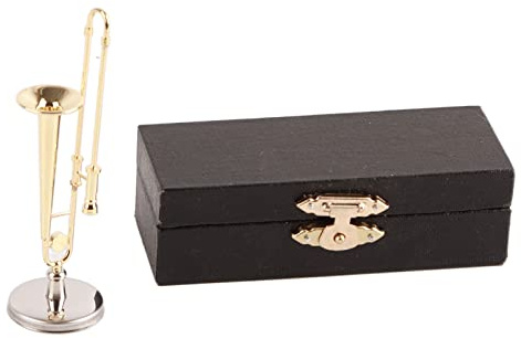 Miniature Trombone with Stand and Case, Gold Plated Brass Trombone Model Mini Musical Instrument Home Ornament
