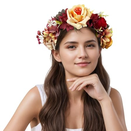 Oenothera Diadema Flores Mujer, Diadema Floral Colores Fiesta, Flores Pelo Cabeza Hairband para Foto Fiesta Carnaval Boda Disfraz Halloween Navidad（A）