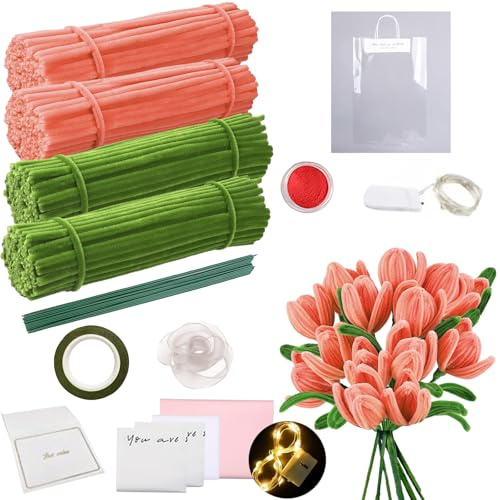 YOUYIKE Piprensare blommor set 15 blommor piprensare hantverk & gör-det-själv chenilletråd piprensare kreativt set för vuxna med LED-belysning flera tillbehör och presentpåsar