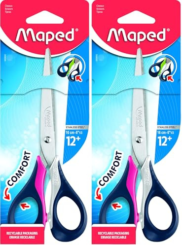 Maped - 1 Paire de Ciseaux Sensoft à Anneaux souples et ergonomiques 16cm pour Droitiers - Coloris Aléatoire Bleu, Rose ou Rouge - Vendu à l'unité (Lot de 2)