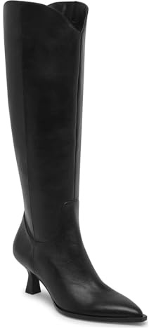 Coutgo Womens Wide Calf Knee High Boots Kitten Heel Pointed Toe Tall Boots Side Zipper Fall Winter Shoes, Cool Black, Size 7.5