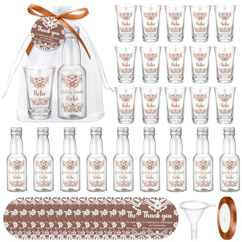 LemonRoad 36 Set Cielito Lindo Baby Shower Favors Clear Shot Glasses Plastic Empty Bottles Thank You Card and Funnel Cielito Lindo Party Decorations for Mexican Theme Baby Shower Gender Reveal(Brown)