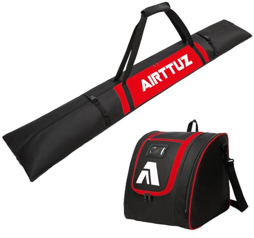 AIRTTUZ Ski Bag and Boot Bag Combo, Water-Resistant Ski Boot Travel Bag Fit Skis Up to 200 cm & Boots Size 13 With 5mm Foam Ski Gear Bag. (blk/red)