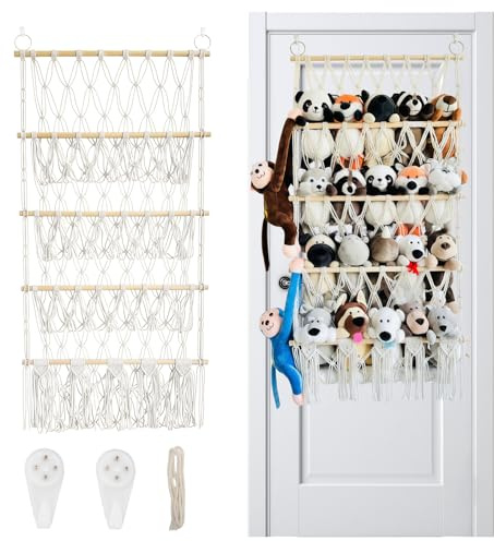 4-Layer Stuffed Animal Storage, Large Capacity 41x20in Toy Hammock Storage Net, Cotton Rope Hanging Plush Toy Organizer, Bohemian Nursery & Kids Room Decor