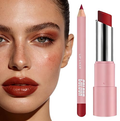 Red Lipstick And Lip Liner Set Long Lasting & Waterproof - Vintage Red 2-in-1 Matte Lip Stick Kit, Full-Coverage Highly Pigmented Lip Line Pencil Set