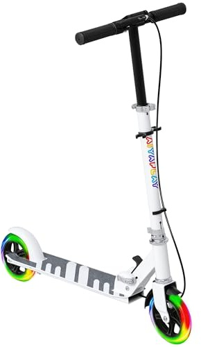 AIYAPLAY Patinete Plegable para Niños de 3-8 Años, Patinete Infantil de 2 Ruedas con Luces, Manillar de 4 Altura Ajustable, Freno Posterior y de Mano, Blanco