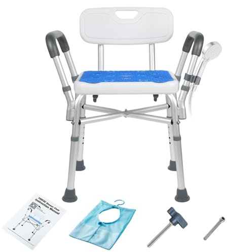Duschstuhl für Senioren, Duschhocker mit Rückenlehne und Armlehnen, Höhenverstellbarer Badhocker, Handicap Dusche sitzen für Erwachsene, Werkzeugfreie Montage, Tragfähigkeit von 250 kg