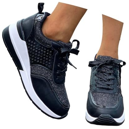 Nuqqichongtian Sneaker da donna con glitter – traspirante con lacci, comode scarpe da ginnastica con strass, sneaker da donna, con plateau e paillettes metalliche leggere
