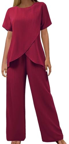 Uwdiohq Conjunto De Piezas para Mujer, Manga Corta Irregular con Cuello, Cintura Elástica, Pantalones Anchos Y Bolsillos. Camisetas Mujer Gatos Camiseta Larga Roja Camisas Ropa Fiesta Camisa