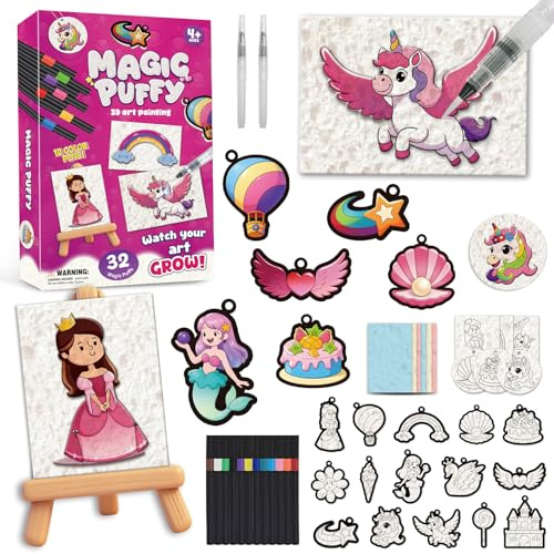 YQXTOOEL Kit de Pintura Espuma Mágica 3D de 63 Piezas – 32 Hojas de Textura de Espuma de Arte, Arte de Espuma de Princesa, Marcadores, Pluma Goteo y Soporte de Presentación – Set de Pintura Creativa