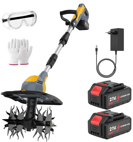 Motoazada Electrica 800W,Motocultor Plegable,Profundidad de Labranza 20 cm, Anchura de Labranza 23 cm, con Pantalla Indicadora de Carga para Labrar Jjardines y Huertos (Dos Baterías)